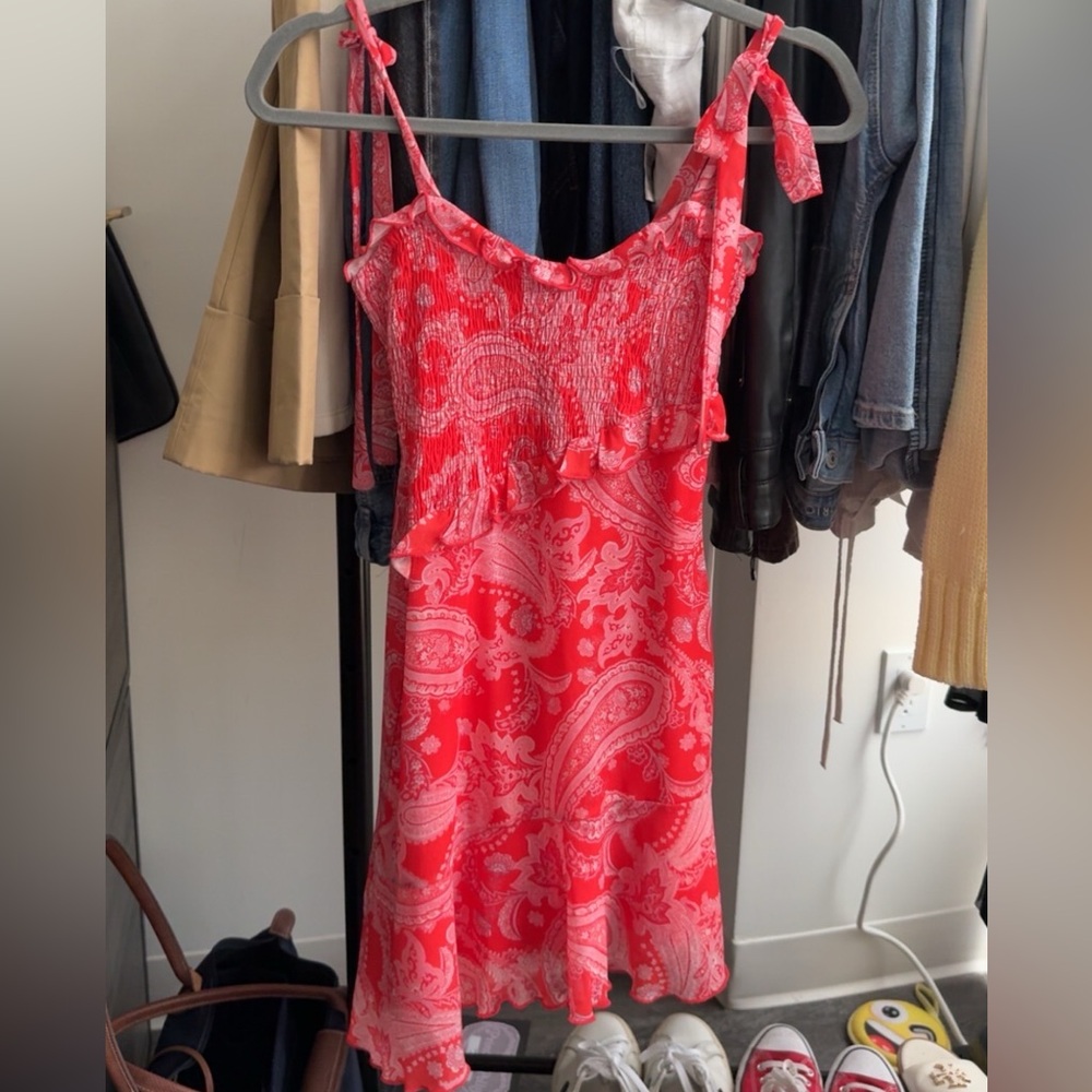 Bershka Red Paisley Tie-Shoulder Mini Dress